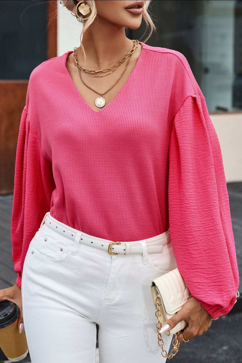 Waffle-Knit V-Neck Long Sleeve Blouse - Trendsi - Flyclothing LLC