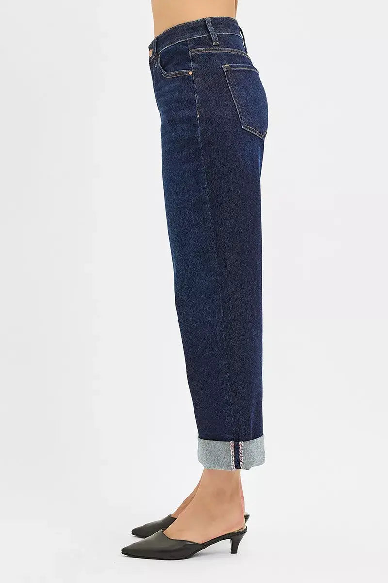 RISEN Mid Rise Fit Ankle Wide Roll Up Jeans - Trendsi - Flyclothing LLC