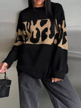 Leopard Color Block Round Neck Sweater - Trendsi - Flyclothing LLC