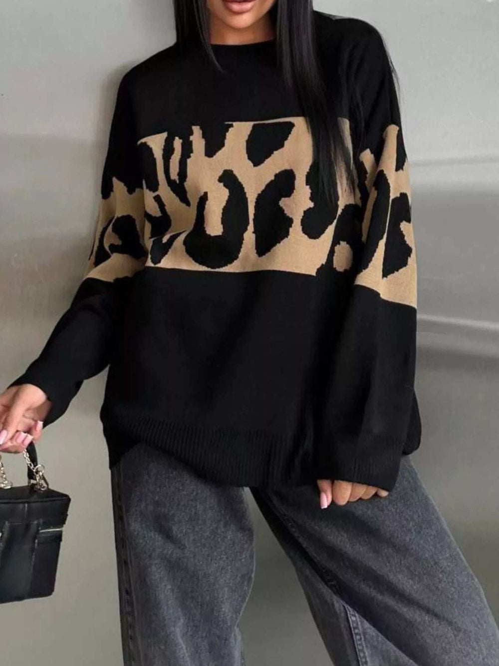 Leopard Color Block Round Neck Sweater - Trendsi - Flyclothing LLC