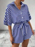 Tie Waist Half Button Striped Romper - Trendsi - Flyclothing LLC