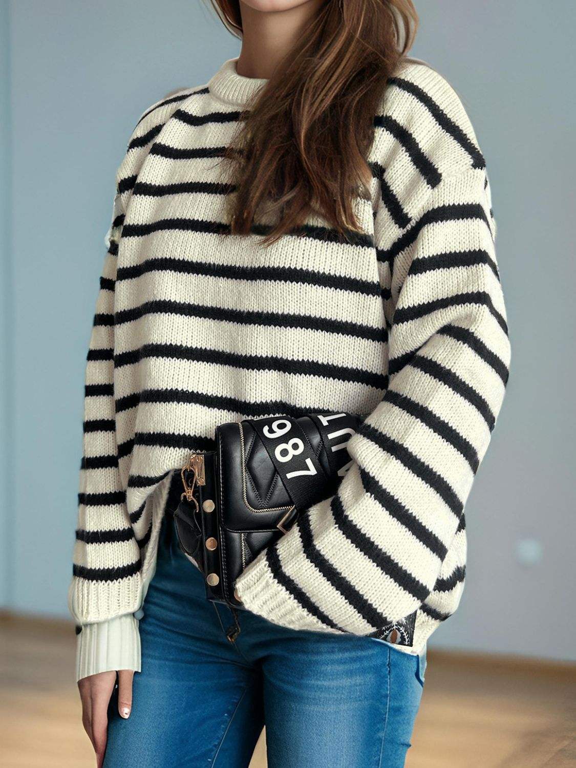 Striped Round Neck Long Sleeve Sweater - Trendsi - Flyclothing LLC