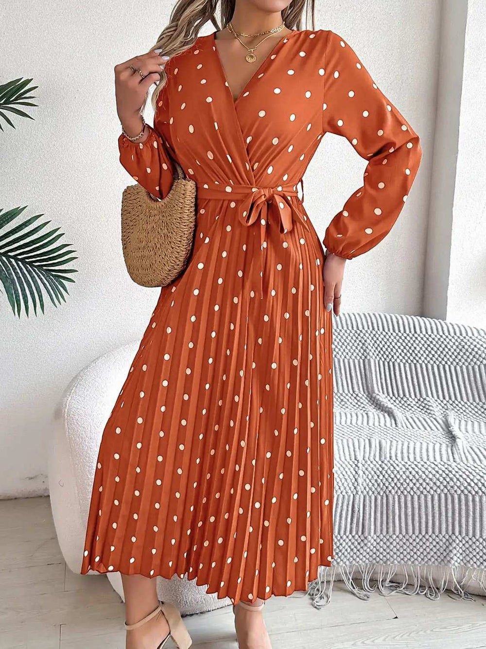 Tied Polka Dot Long Sleeve Midi Dress - Trendsi - Flyclothing LLC