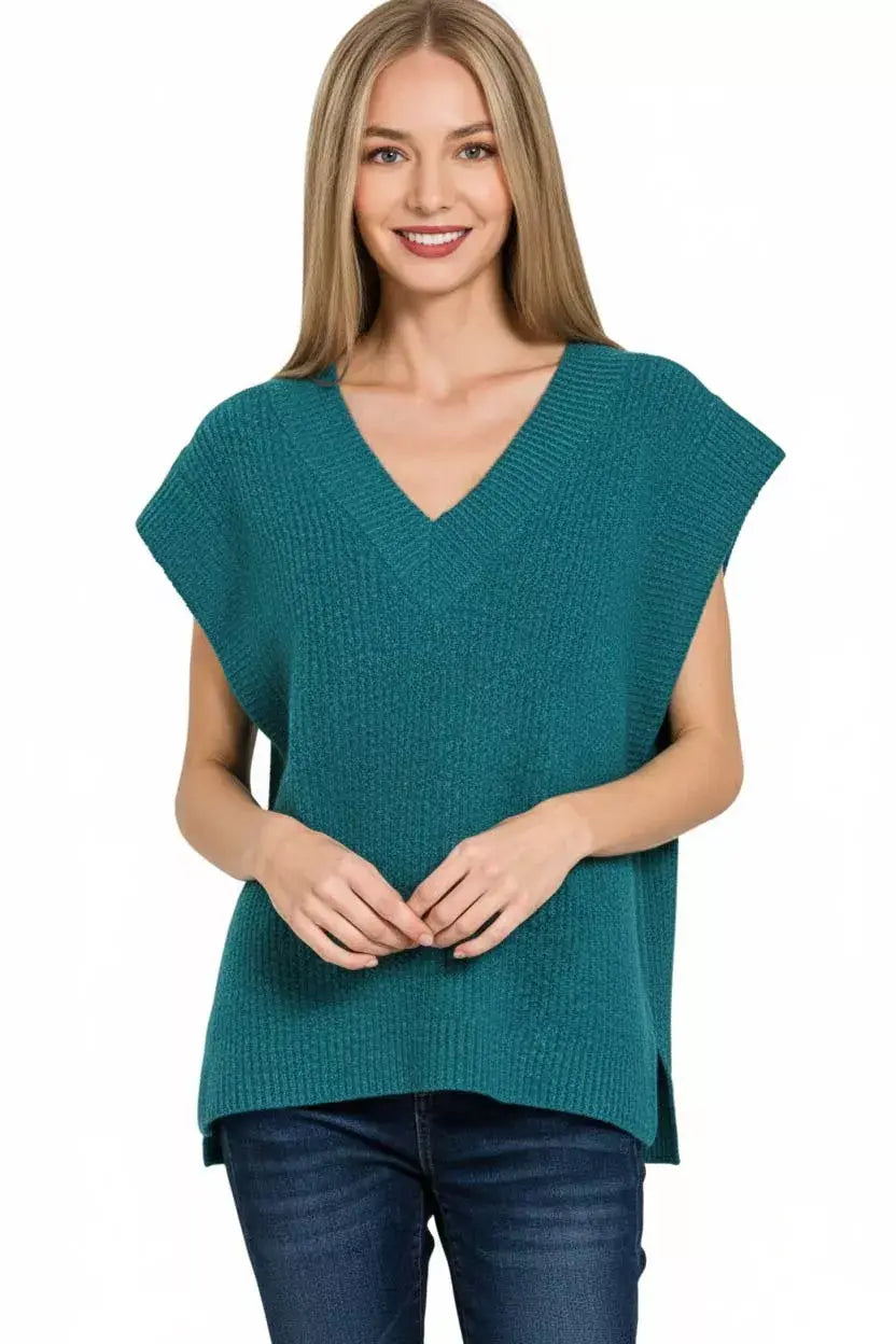 Zenana Ribbed Slit V-Neck Sweater Vest - Trendsi - Flyclothing LLC