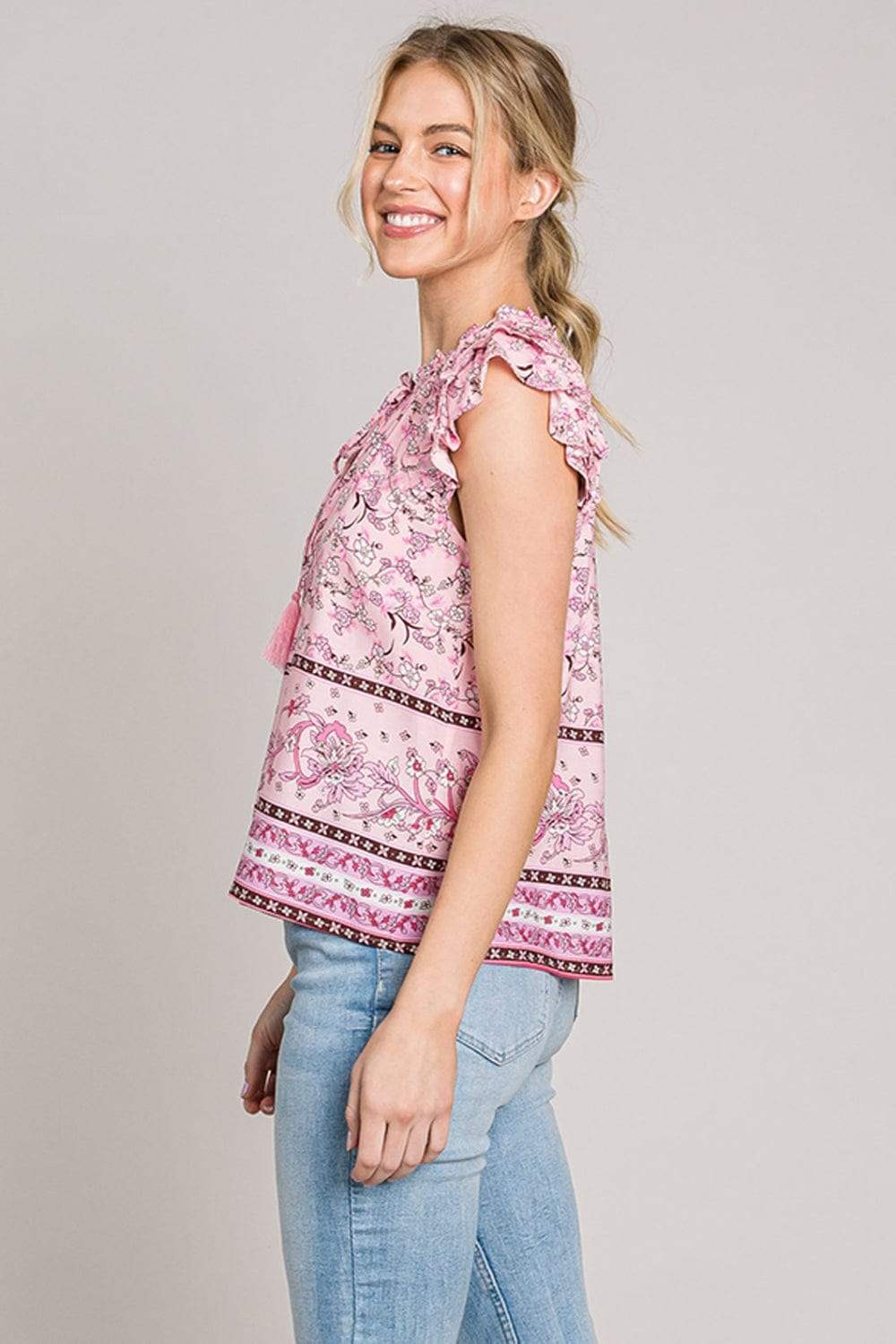 Cotton Bleu by Nu Lab Print Ruffle Sleeve Detail Blouse - Trendsi - Flyclothing LLC