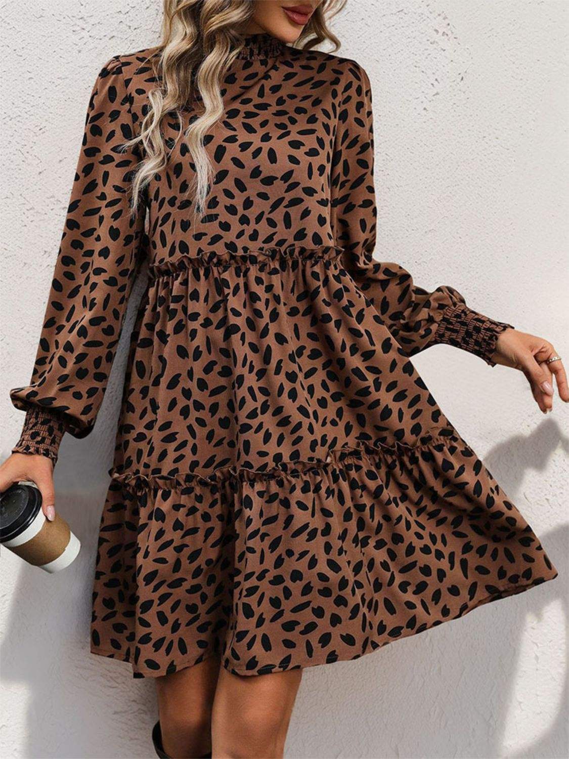 Frill Printed Mock Neck Long Sleeve Mini Dress - Trendsi - Flyclothing LLC