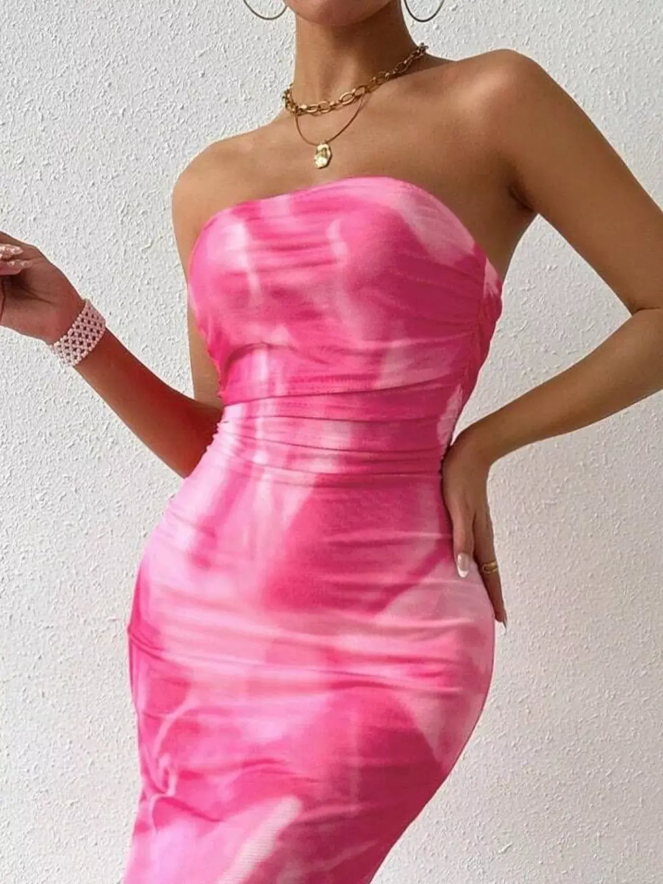 Tie-Dye Ruched Bodycon Tube Slit Dress - Trendsi - Flyclothing LLC