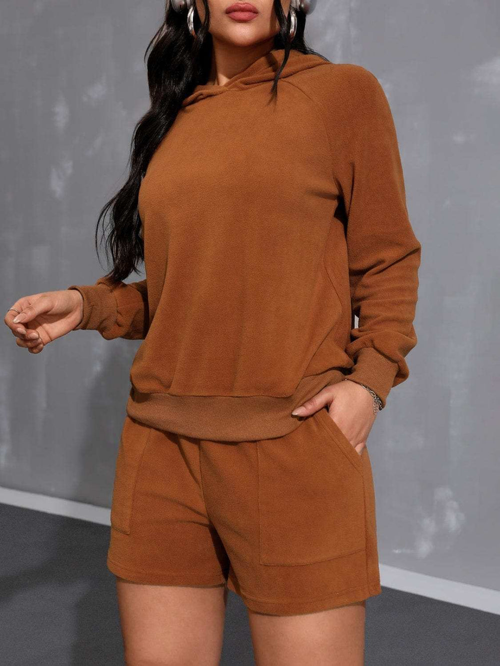 Long Sleeve Hoodie and Pocketed Shorts Set - Trendsi - Flyclothing LLC