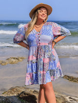 Plus Size Printed V-Neck Tiered Mini Dress - Trendsi - Flyclothing LLC