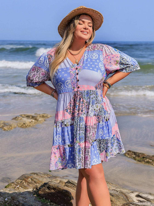 Plus Size Printed V-Neck Tiered Mini Dress - Trendsi - Flyclothing LLC
