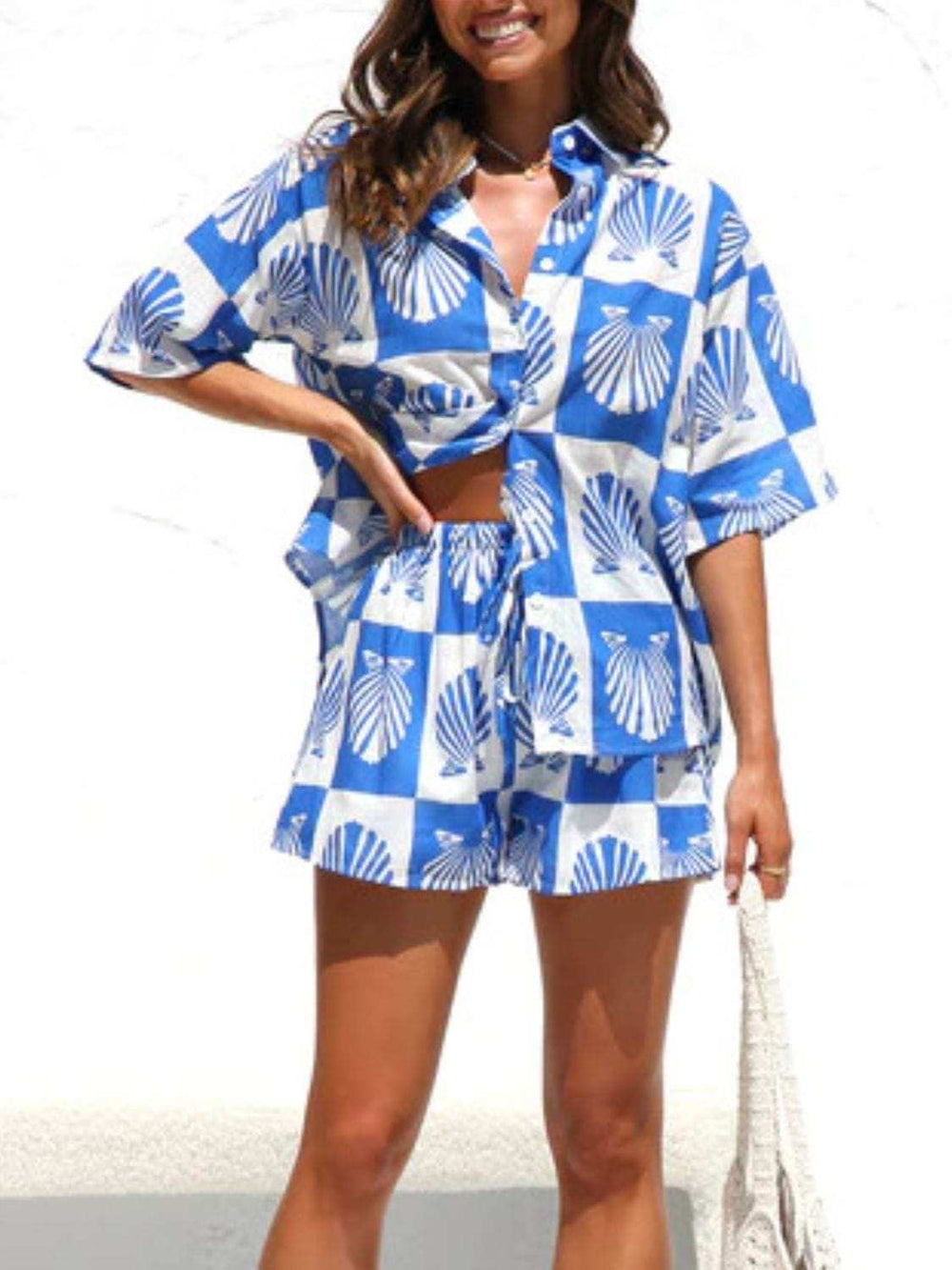 Printed Button Down Short Sleeve Top and Shorts Set - Trendsi - Flyclothing LLC