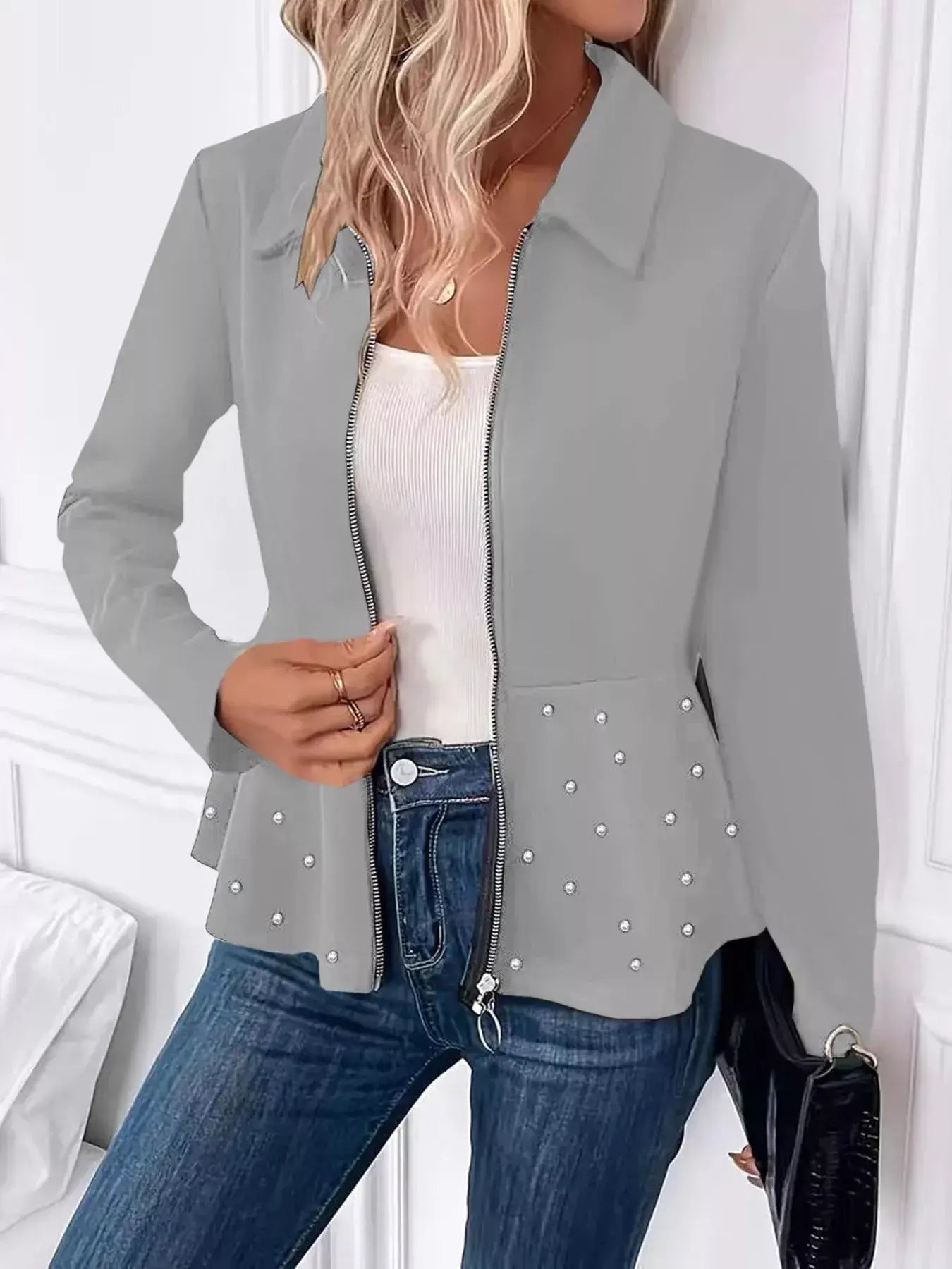 Pearl Embellished Zip-Up Peplum Outerwear - Trendsi - Flyclothing LLC