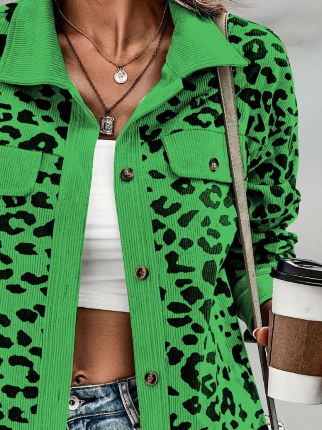 Full Size Leopard Collared Neck Button Up Long Sleeve Jacket - Trendsi