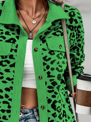 Full Size Leopard Collared Neck Button Up Long Sleeve Jacket - Trendsi