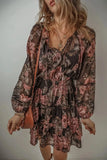 Printed Tie Neck Long Sleeve Mini Dress - Trendsi