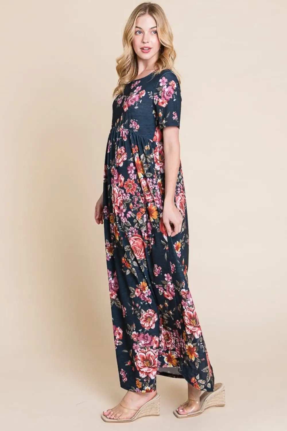 BOMBOM Floral Short Sleeve Maxi Dress - Trendsi - Flyclothing LLC