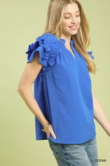 Umgee Textured Ruffle Sleeve Notched Top - Trendsi - Flyclothing LLC