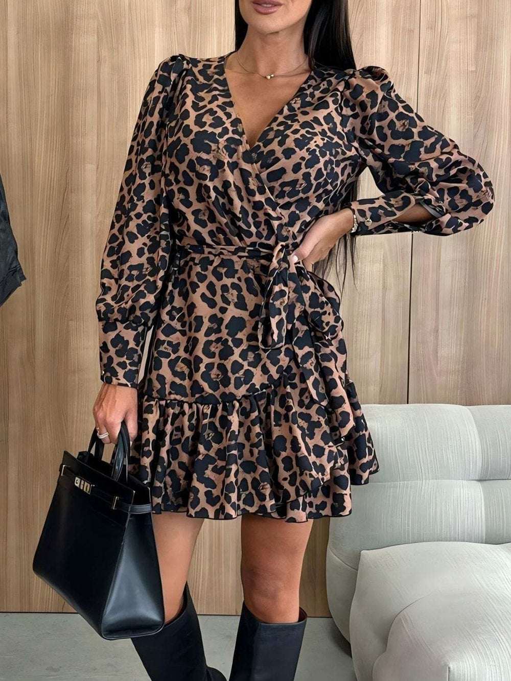 Tied Leopard Surplice Long Sleeve Dress - Trendsi - Flyclothing LLC
