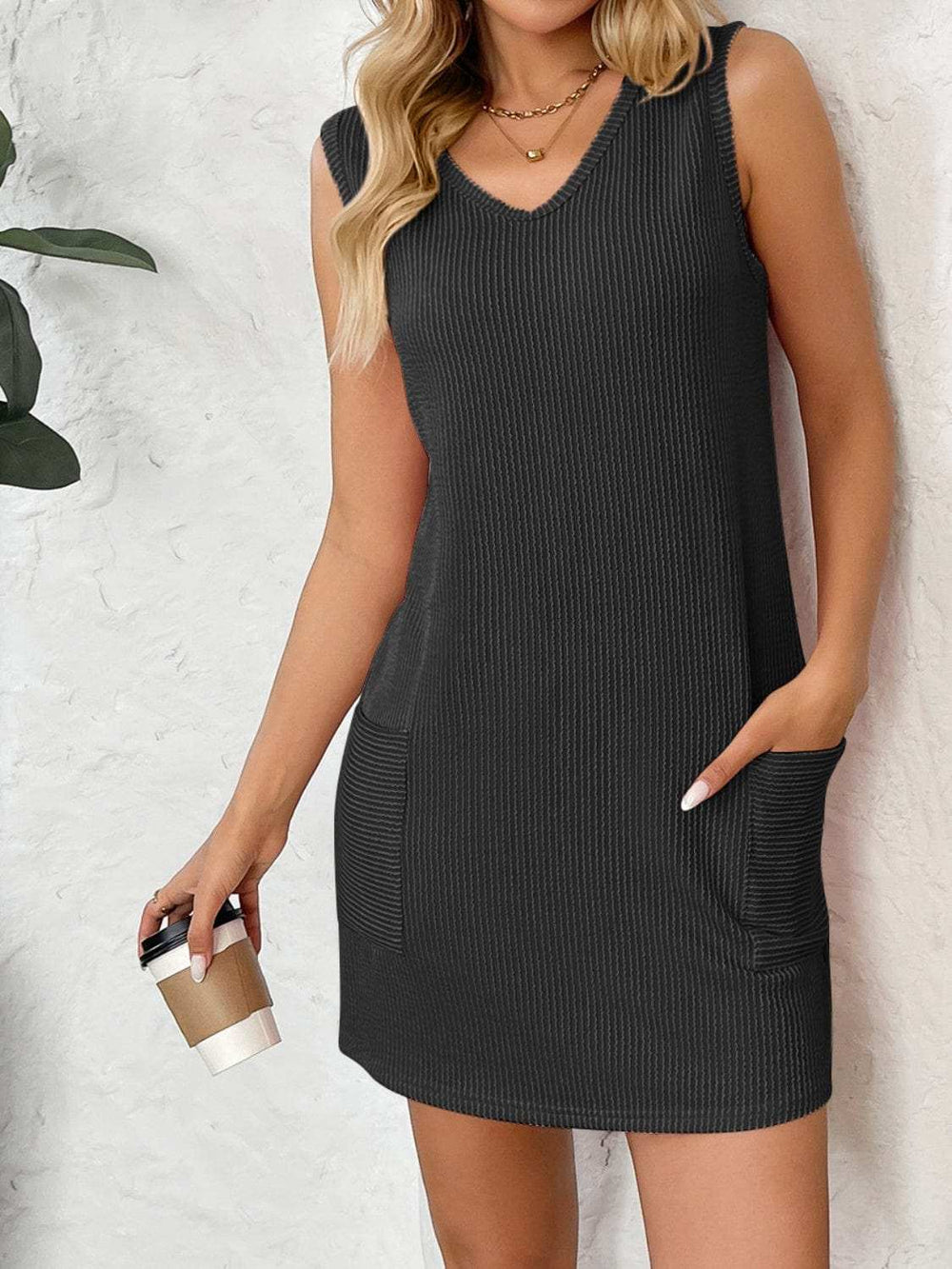 Texture Pocketed V-Neck Tank Dress - Trendsi - Flyclothing LLC
