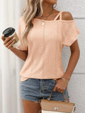 Eyelet Asymmetrical Shoulder Short Sleeve T-Shirt - Trendsi