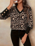 Decorative Button Leopard V-Neck Long Sleeve T-Shirt - Trendsi - Flyclothing LLC