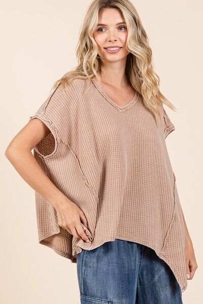 Mittoshop Mineral Wash Waffle Knit Pointed Hem Oversized Top - Trendsi - Flyclothing LLC