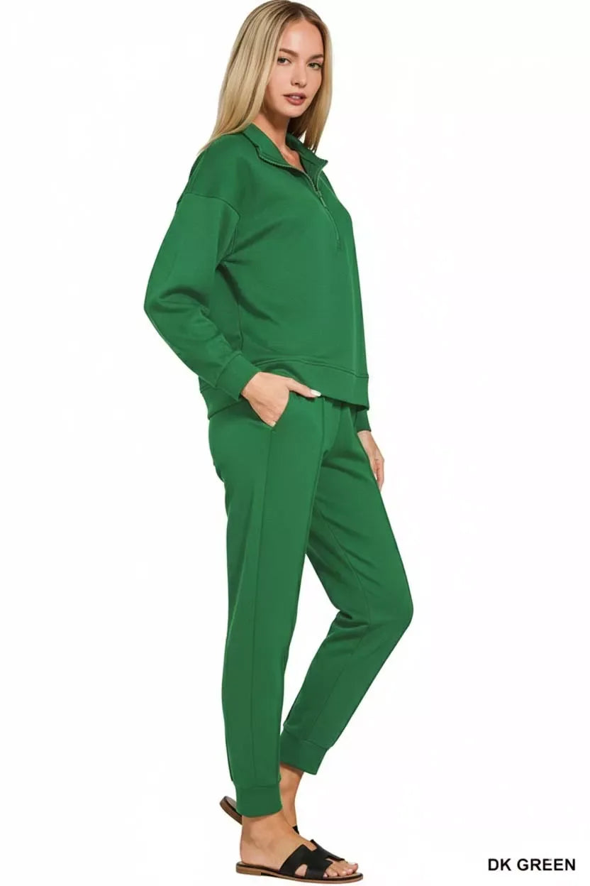Zenana Scuba Half Zip Pullover and Jogger Set - Trendsi - Flyclothing LLC