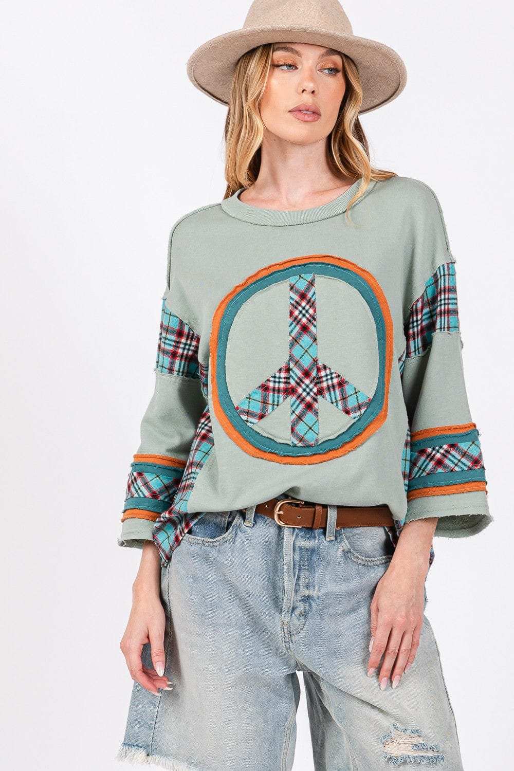 SAGE + FIG Peace Applique Patch Contrast Plaid Top - Trendsi - Flyclothing LLC