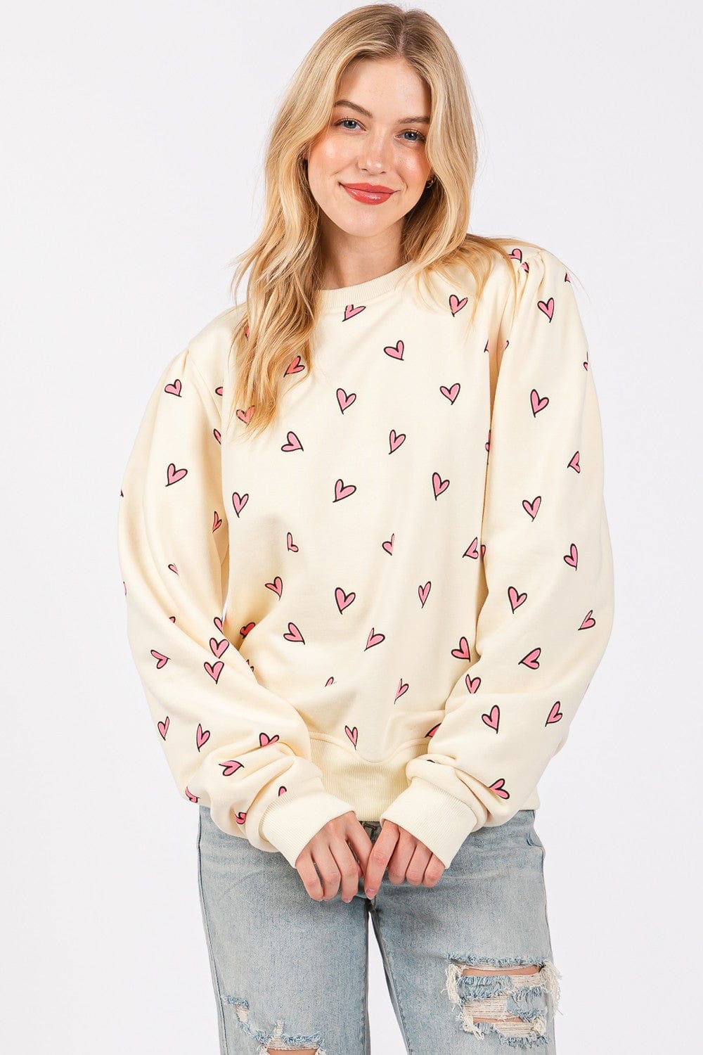 SAGE + FIG Heart Printed Contrast Long Sleeve Sweatshirt - Trendsi