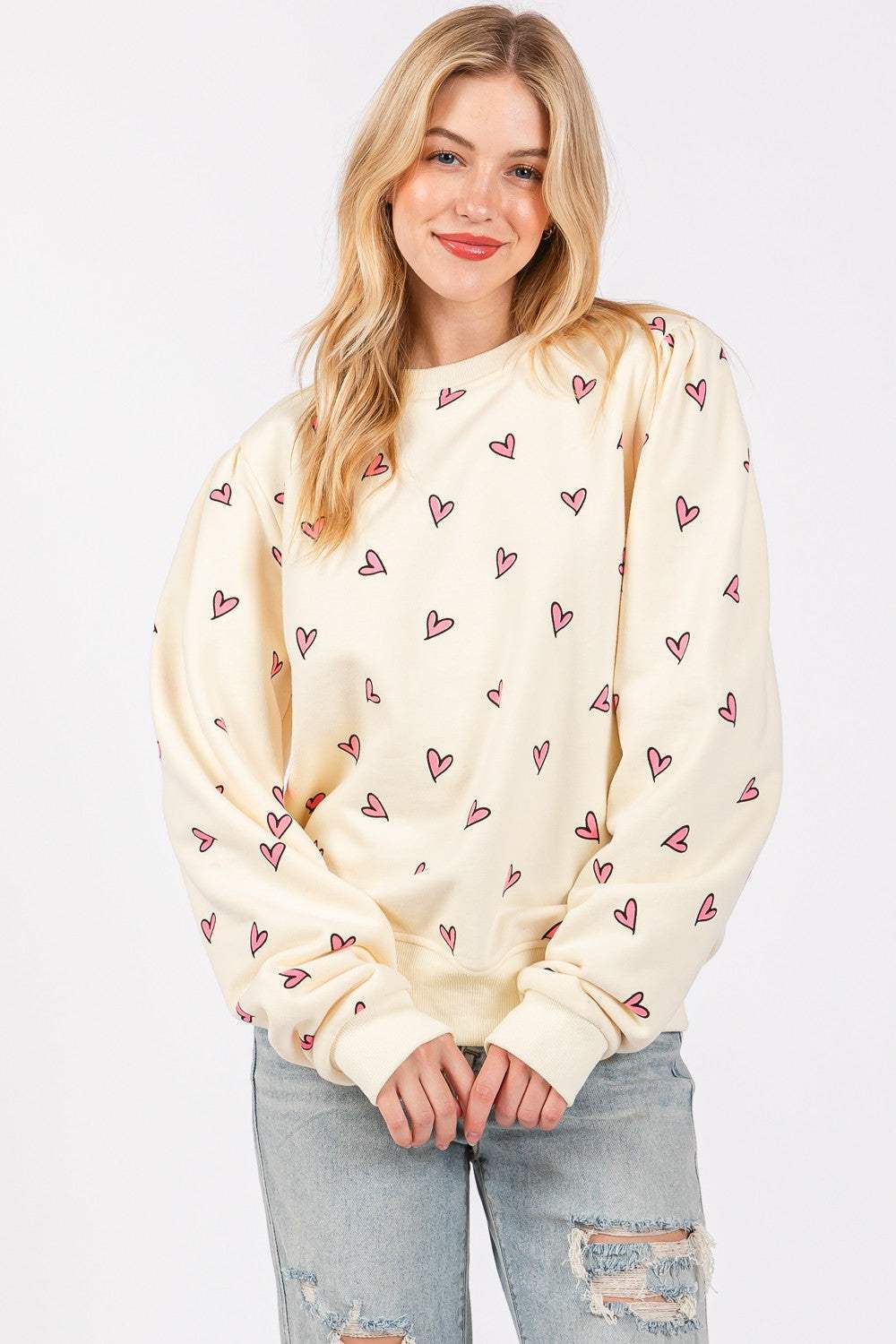SAGE + FIG Heart Printed Contrast Long Sleeve Sweatshirt - Trendsi - Flyclothing LLC