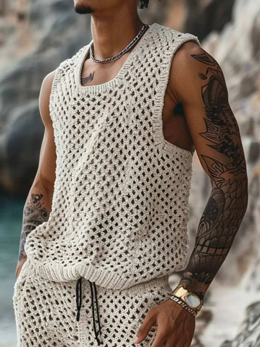 Men's Plus Size Hollow Out Round Neck Tank and Shorts Set - Trendsi - Flyclothing LLC