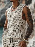 Men's Plus Size Hollow Out Round Neck Tank and Shorts Set - Trendsi