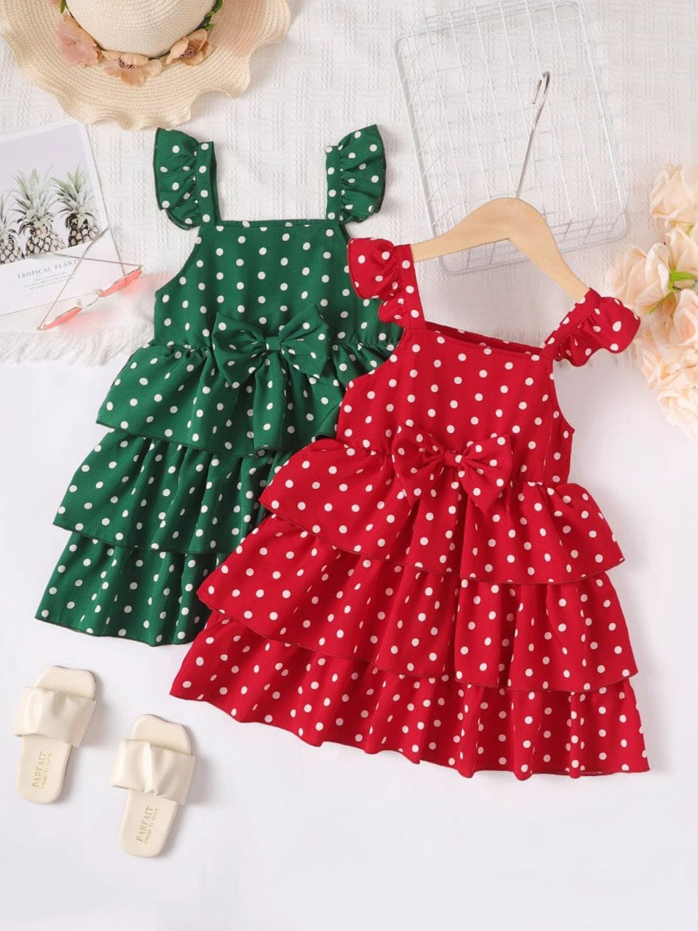 Bow Polka Dot Square Neck Layered Dress - Trendsi