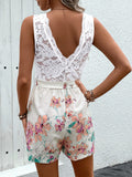 Lace Printed V-Neck Sleeveless Romper - Trendsi