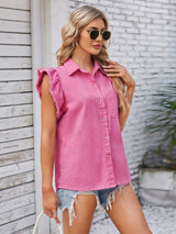 Ruffled Pocketed Collared Neck Cap Sleeve Denim Top - Trendsi - Flyclothing LLC