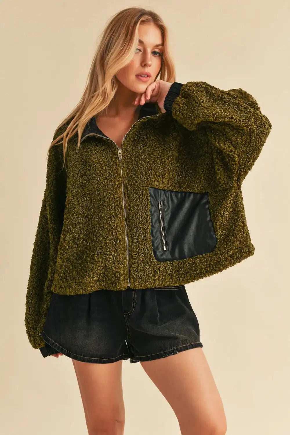 Aemi + Co Collared Neck Zip Up Sherpa Jacket - Trendsi - Flyclothing LLC