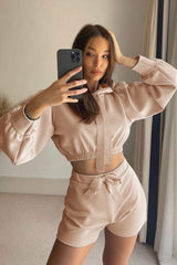 Drawstring Long Sleeve Hooded Top and Shorts Set - Trendsi - Flyclothing LLC