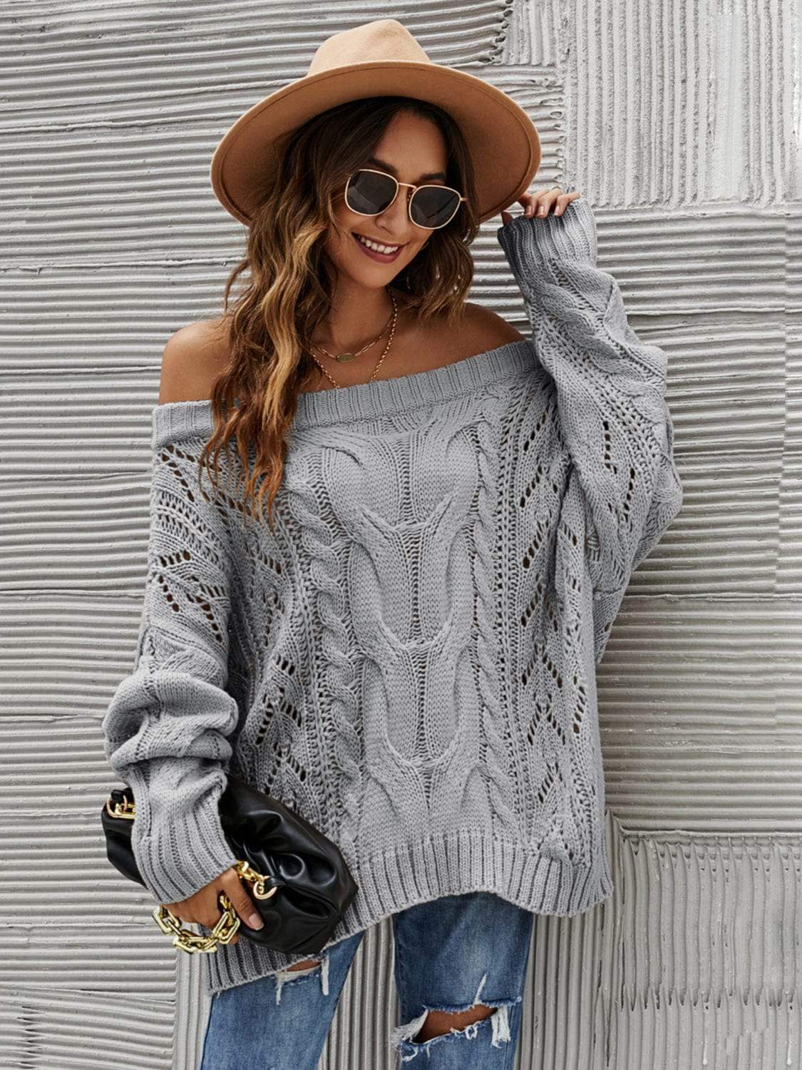 Cable Knit Openwork Off-Shoulder Sweater - Trendsi - Flyclothing LLC