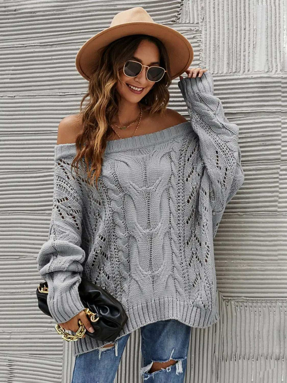 Cable Knit Openwork Off-Shoulder Sweater - Trendsi - Flyclothing LLC
