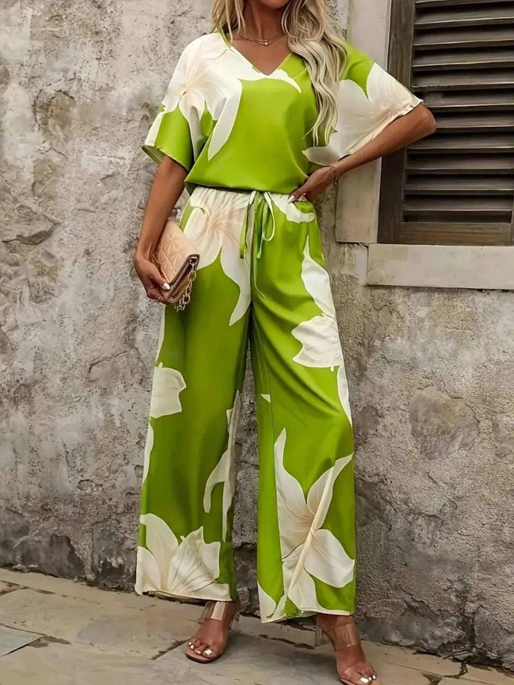 Printed V-Neck Top and Wide Leg Pants Set - Trendsi - Flyclothing LLC