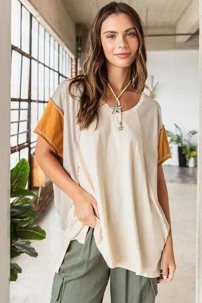 Mittoshop Color Block V-Neck Short Sleeve T-Shirt - Trendsi - Flyclothing LLC