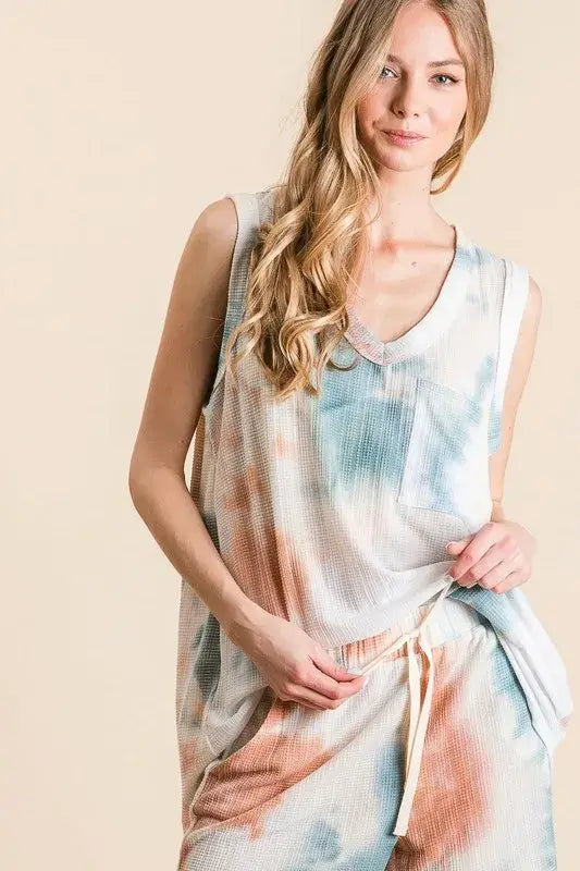BiBi Tie Dye Textured Knit Top and Shorts Set - Trendsi - Flyclothing LLC
