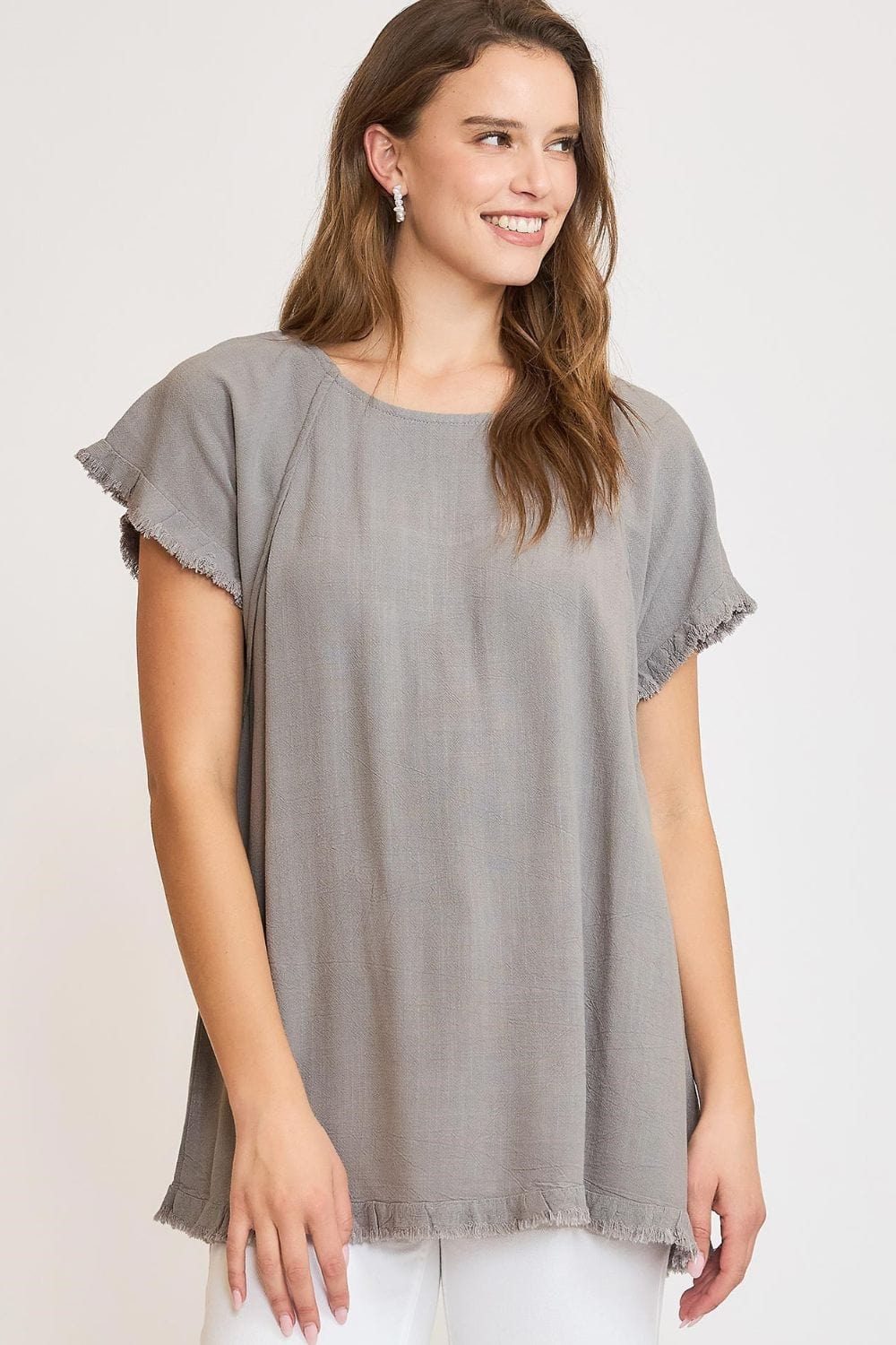 Umgee Full Size Seam Detail Linen Ruffle Fringe Edge Top Plus Size - Trendsi