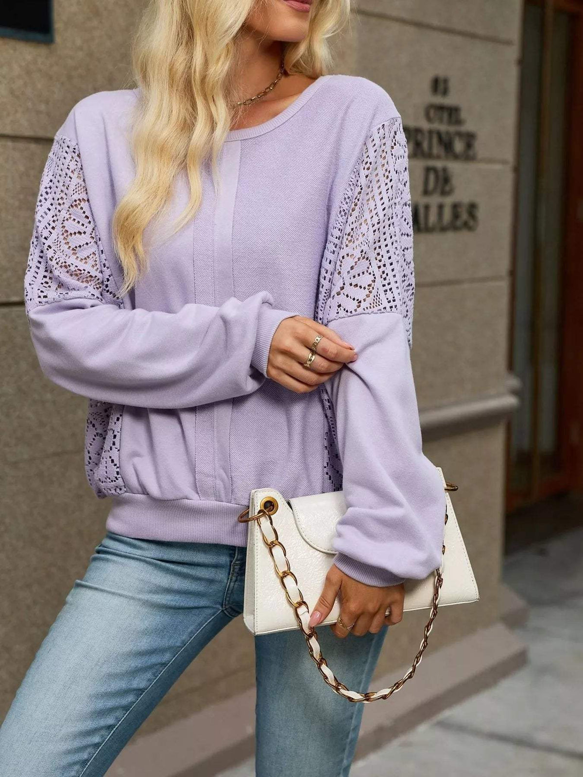 Lace Sleeve Crew Neck Sweatshirt - Trendsi - Flyclothing LLC