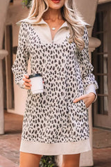 Leopard Print Zip up Collar Patchwork Shift Mini Dress - Trendsi - Flyclothing LLC