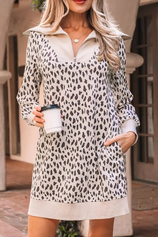 Leopard Print Zip up Collar Patchwork Shift Mini Dress - Trendsi - Flyclothing LLC
