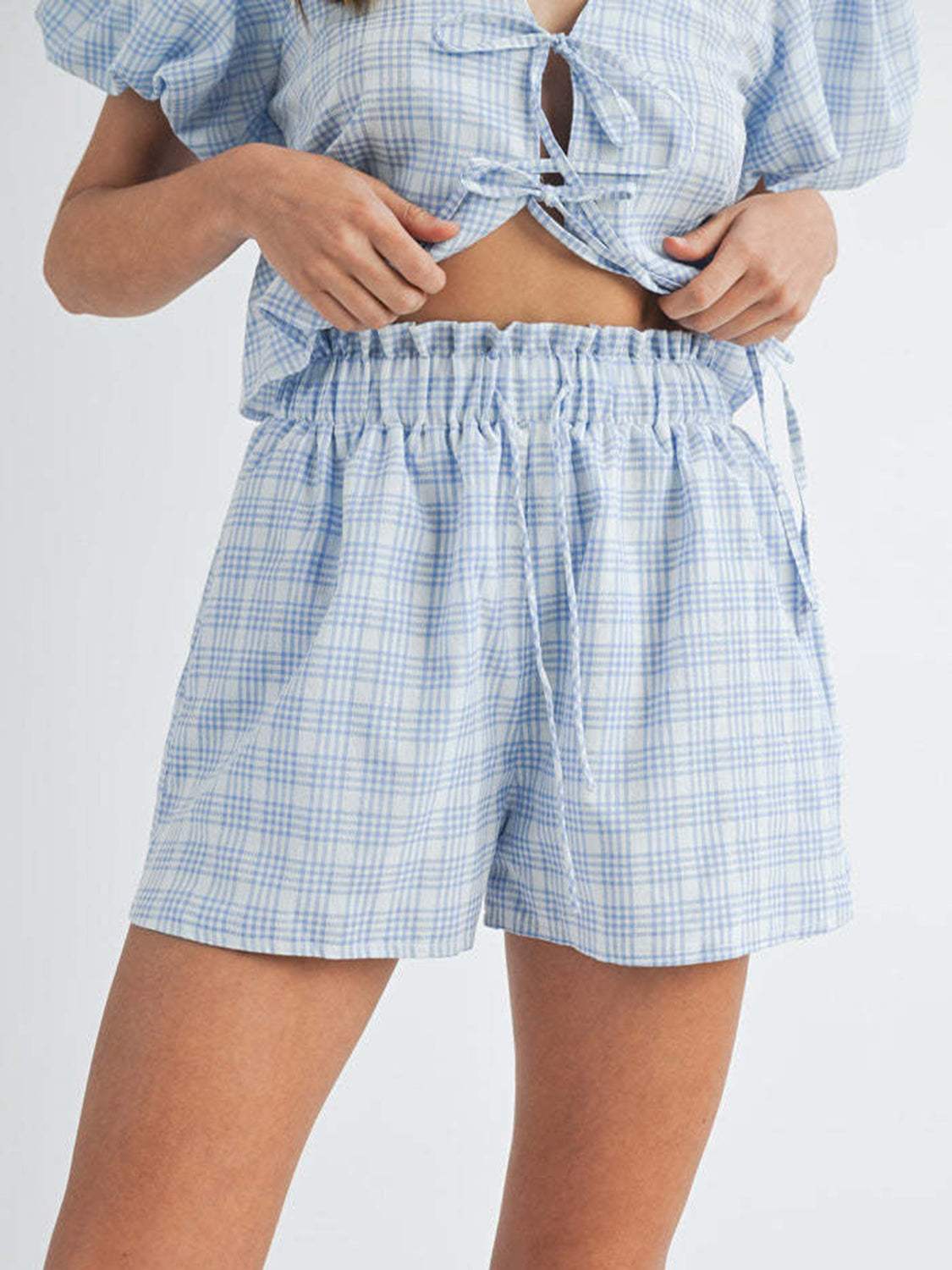 V-Neck Puff Sleeve Top and Shorts Set - Trendsi - Flyclothing LLC