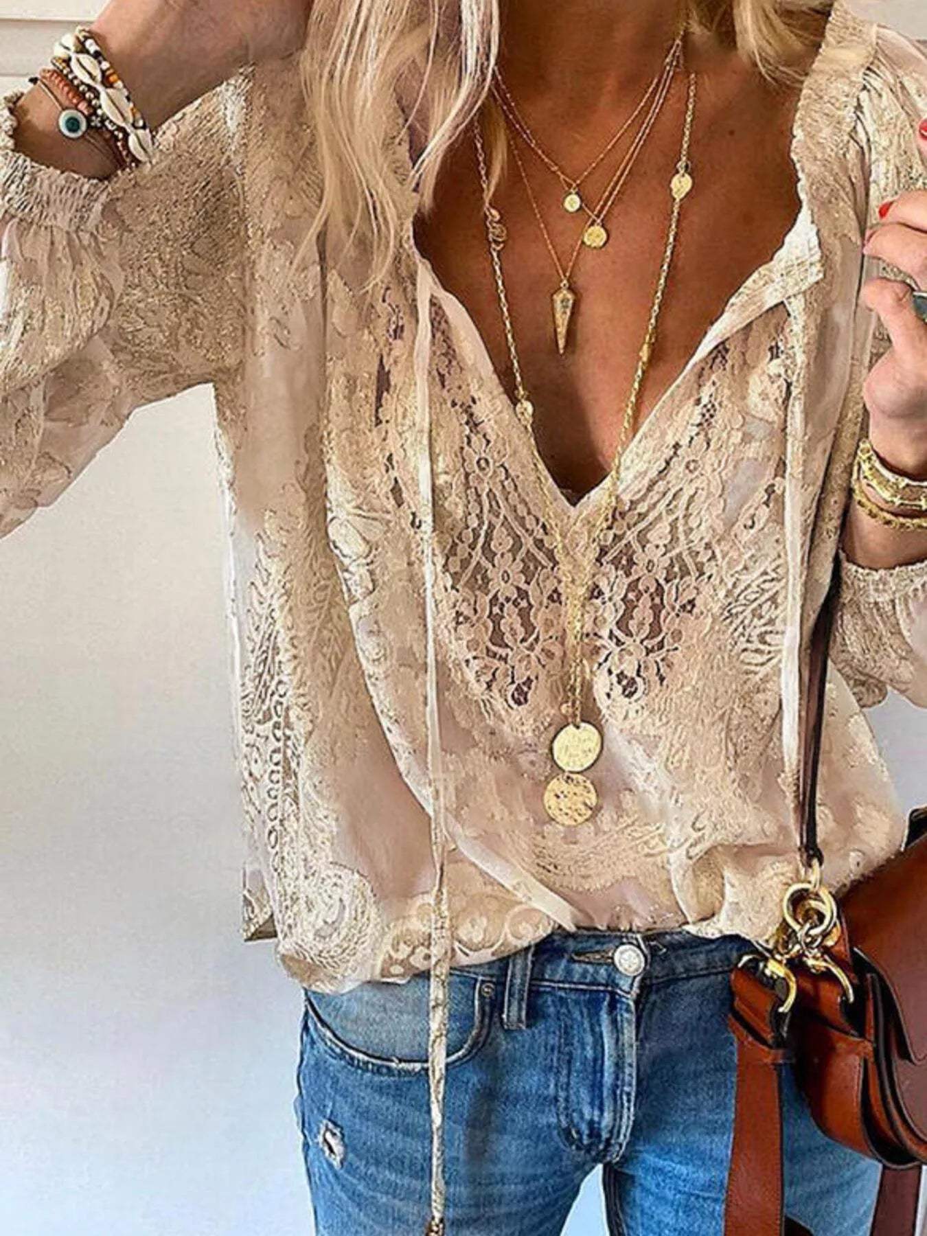 Lace Tie-Neck Blouse - Trendsi - Flyclothing LLC