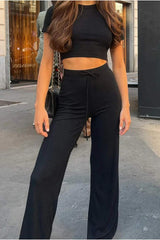 Round Neck Short Sleeve Top and Pants Set - Trendsi - Flyclothing LLC