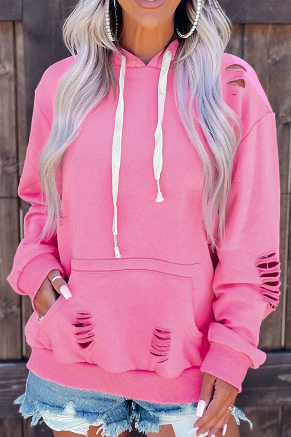 Distressed Drawstring Long Sleeve Hoodie - Trendsi - Flyclothing LLC